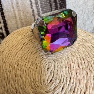 Volcano Crystal Statement Ring Iridescent AB Square Stone Gold Tone — NWOT